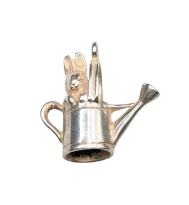 Dije colgante vintage de plata esterlina 925 3D Peter Rabbit Bunny en regadera - Imagen 1 de 15