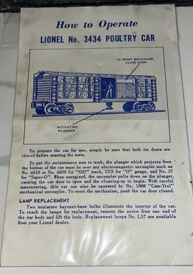 Coche avícola Lionel 3434 instrucciones originales; 1959 Foto 1 de 3