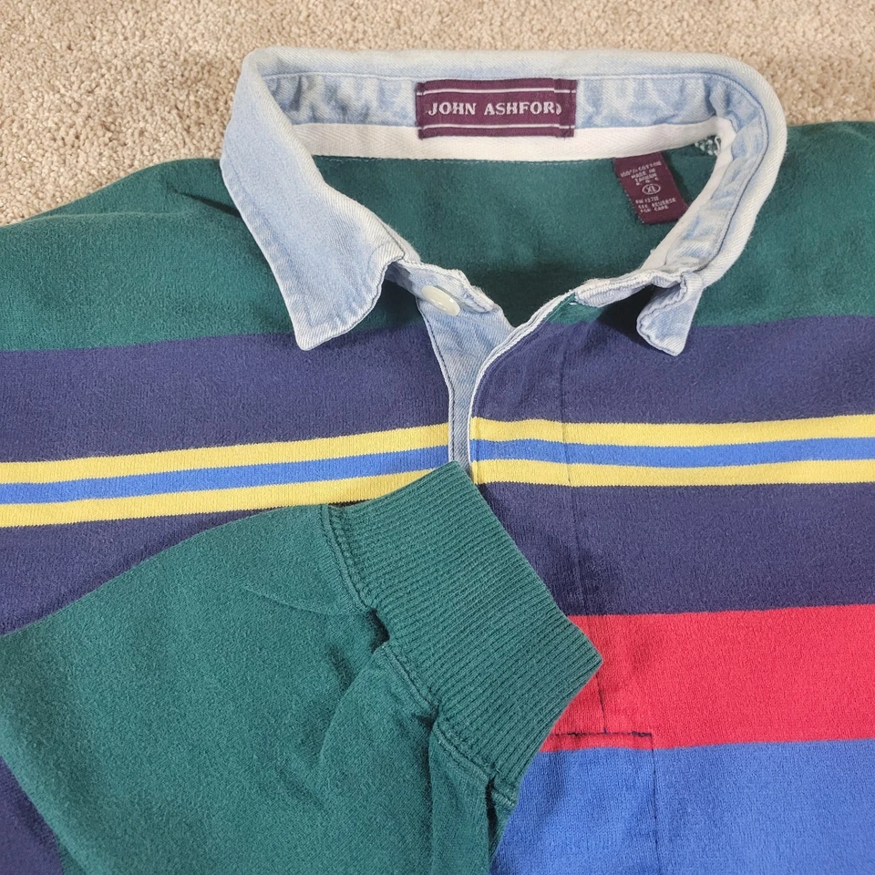 Vintage John Ashford Rugby polo Shirt mens XL Green Colorblock Denim Collar Golf - Image 1 of 4