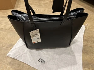 NWT Zara Faux Leather Tote Bag With Compartments Black - Picture 1 of 10