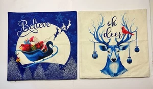 2 Fundas de Almohada Exterior Interior Navidad Papá Noel Reno 17.5X17.5" Cremallera Nuevas - Imagen 1 de 10