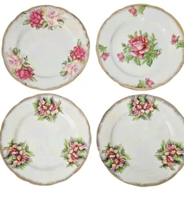 4 Vintage Japan 7" Dessertteller irisierend mit rosa Rosen & Blumen Goldrand - Bild 1 von 6