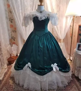 Green Gothic Wedding Dress Lace Cap Sleeves Costume Medieval Bride Dress Retro - Picture 1 of 10