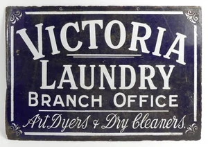 ORIGINAL ANTIQUE ENAMEL DOUBLE SIDED SIGN - VICTORIA LAUNDRY - Picture 1 of 2