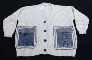 Alicedudu Women's Chunky Knit Denim Accent Oversized Cardigan AW5 Ivory Medium - Picture 1 of 4