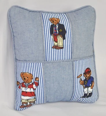 Almohada con cordón hecha con Ralph Lauren Polo Oso de peluche Azul Pin Tela a rayas 9x11 Foto 1 de 2
