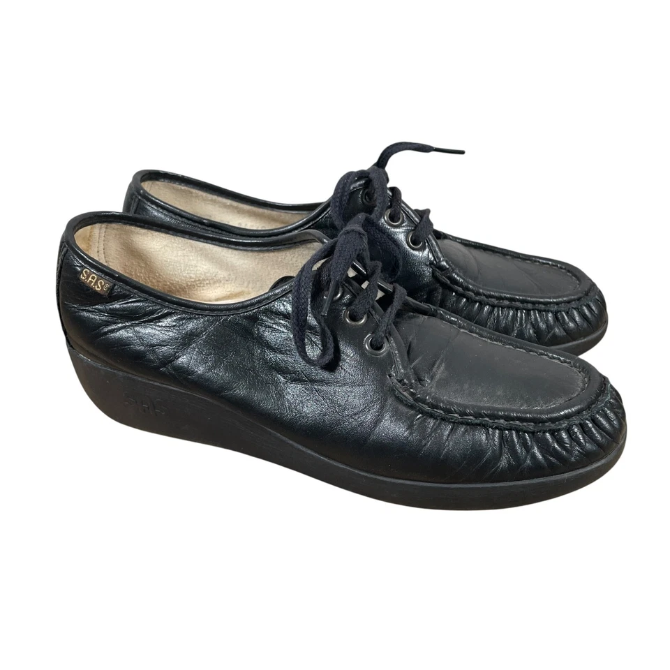 Zapatos cómodos para caminar SAS para mujer Siesta cosidos a mano 10N cuero negro estrecho Foto 1 de 4