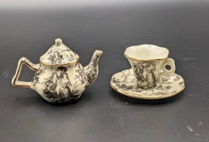 Miniature Teapot and Teacup Saucer Black and White Toile Doll Sized 2" - Picture 1 of 6