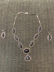 Black Onyx Carved Lace Silver Necklace Earring Set Mexico Sterling Art Deco Gurd - Picture 1 of 7