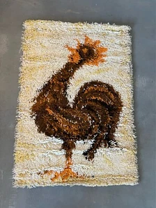 60's AIDA Rooster Cock Wool UNUSED Mid Century Modern Rya Rug Cream Yellow - Picture 1 of 9