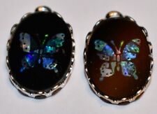 VINTAGE BUTTERFLY GLASS OVAL BUTTERFLY PENDANTS SHELL INLAY • 18x13mm 