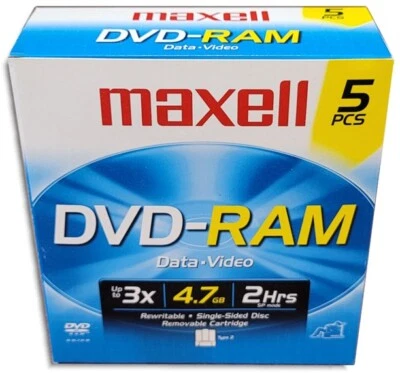 5-Pak Maxell 4.7GB 3X DVD-RAM in Type-2 Cartridges with Hard Coating, #636040 - Image 1 of 2
