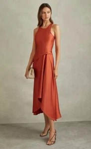 REISS Micah Satin Drape Tuck Midi Dress in Rust - Picture 1 of 6