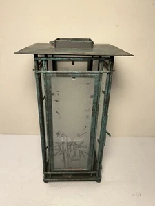 Lantern Style Candle Holder Lamp Etched Glass Home Decor Metal Bamboo 9.75” - Picture 1 of 13