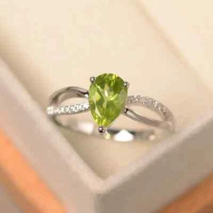 Anello da sposa in oro bianco massiccio 14 carati con diamanti peridoto naturale taglio pera 1,65 ct misura ALL - Foto 1 di 6