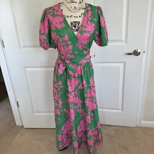 Gesmoktes Maxikleid mit V-Ausschnitt in Flamingo Rosa Grün Größe L - Bild 1 von 5