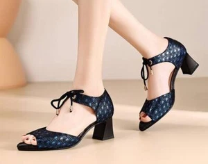 Fashion Women's Peep Toe Rhinestone Block Heels Sandals Summer Sexy Party Shoes - Picture 1 of 11