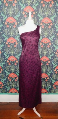 Vintage 90's Y2K One Shoulder Dress Whimsigoth Purple Black Flocked Velvet Long - Image 1 of 4
