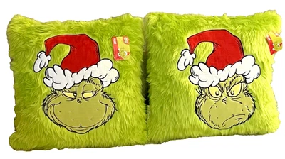 NWT -Dr. Seuss Faux Fur Grinch Pillows 2-Faces 18x18" Velvet Santa Hat U CHOOSE - Image 1 of 4