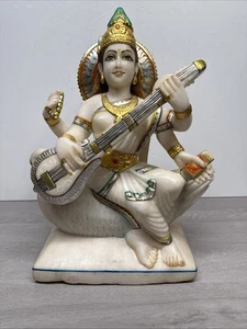 Estatua divina Saraswati de mármol de 16" de alto pintada a mano 32 lb - Imagen 1 de 11