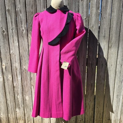 Rothschild Pink Wool Pea Coat Black Velvet Trim Girls Large - Image 1 of 4