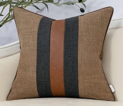 Patchwork Pillow Cover 18x18 Inch Luxury Cotton Linen Cushion Cover Faux Leather - Image 1 of 4