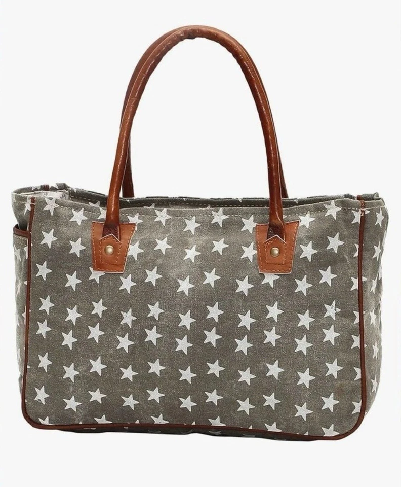 Myra Bag Canvas Army Green Cotton Tote Bag Freedom Of Stars Purse S-1048 VGC - Image 1 of 4