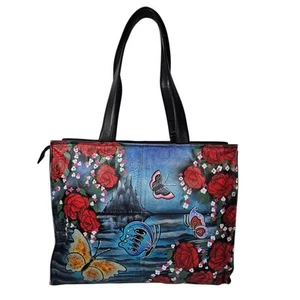 Modapelle Hand Painted Leather Shoulder Tote Bag Handbag Butterfly Rose Garden - Foto 1 di 17