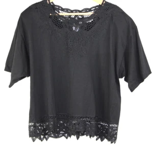 De colección C Junction Mujer XL Negro Manga Corta Top Algodón Encaje Acentos Pecho 50" - Imagen 1 de 4
