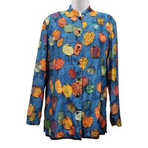VTG Chicos Silk Blouse Asian Inspired Lantern Print Long Sleeves Blue Size 0/XS - Picture 1 of 12