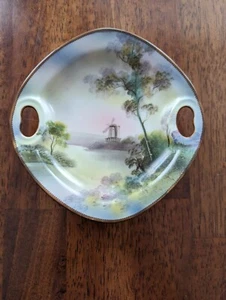 Vintage Noritake Hand Painted Dish Double Handle Lake Scene Windmill - Picture 1 of 7
