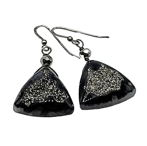 Natural Druzy Black Agate Geode Slice Dangle Earrings 1" - Picture 1 of 6