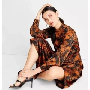 Future Collective Burnt Orange Long Sleeve Women's Floral Dress Size M - Picture 1 of 12