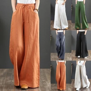 Women Cotton Linen Palazzo Pants Drawstring Waist Wide Leg Trousers with Pockets - Picture 1 of 38