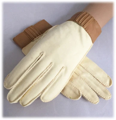 Dark Ivory Leather Band Gold Accent Ladies Vintage Gloves Above Wrist Length - Image 1 of 4