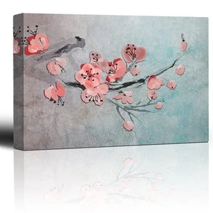 Cherry Blossom Branch over a Blue Abstract Watercolor Background - Canvas- 12x18 - Picture 1 of 3
