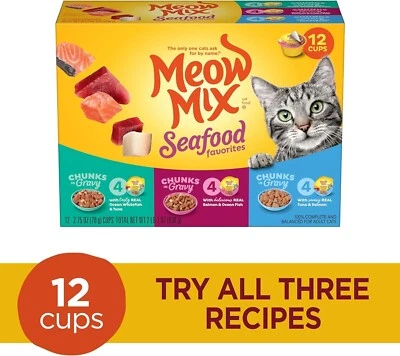 12pks Wet Cat Food Variety Pack Meow Mix Seafood Favorites Chunks in Gravy - Image 1 of 4