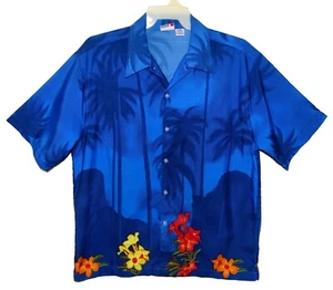 Sz L Arizona Jean Co Hawaiian Aloha Shirt Royal Blue Multi Tropical Floral Poly - Picture 1 of 3