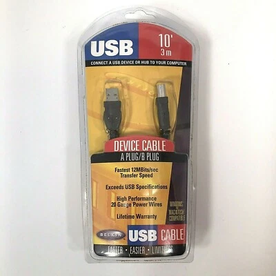 Belkin Connect a USB Device Or Hub to Computer A Plug B Plug New 10 Ft New NOS - Image 1 of 4