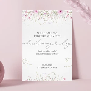 Personalised Christening Day Welcome Sign Wildflower Green / Blue or Pink (WF2) - Picture 1 of 4