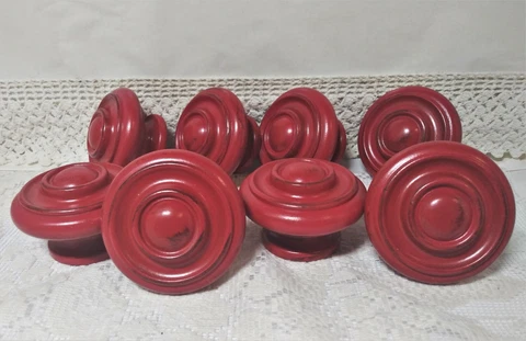 8 Vintage Wooden Drawer Knobs Wood Furniture Red Color Distress 2.25" Diameter Cover