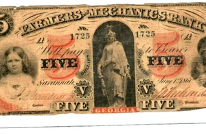 $5 "FARMERS & MERCHANTS BANK" (ORANGE OVERPRINT) "GEORGIA" $5 (BEAUTIFUL) RARE!! - Picture 1 of 3
