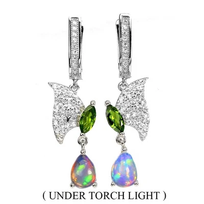 Pear Fire Opal Chrome Diopside Simulated Cz 925 Silver Earrings - Image 1 of 4
