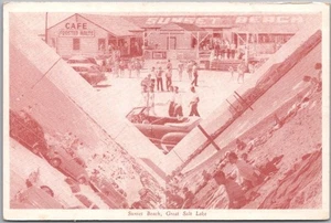 Vintage 1950s GREAT SALT LAKE, Utah Postcard "SUNSET BEACH" Cafe / Beach Scenes - Picture 1 of 2