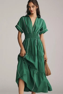 Anthropologie The Somerset Maxi Dress Green Aged Jadette Piping Seams Size S NEW - Image 1 of 4