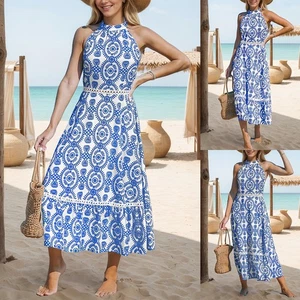 Women Sleeveless Halter Neck Bohemian Party Dress Holiday Beach BOHO Sundress - Picture 1 of 16