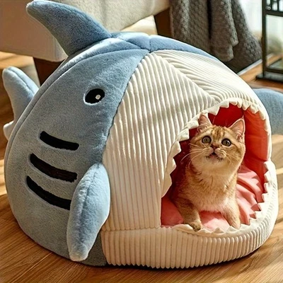 Shark Cat Kitten Small Dog Beds Igloo Fleece Bed Cozy Washable Warm House Cave - Image 1 of 4