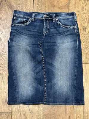 JEANS PLATEADOS Mujer Talla 33/12 Falda Denim Reciclada Deconstruida Hasta la Rodilla Foto 1 de 4