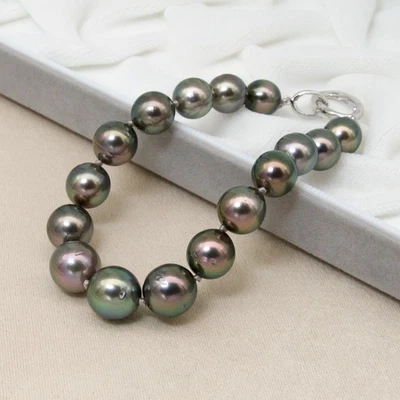 Bracciale di perle coltivate a Tahiti nero verde 8,5-10,7 mm argento sterling... - Immagine 1 di 4