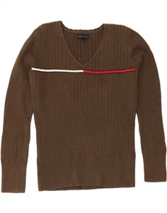 TOMMY HILFIGER Womens V-Neck Jumper Sweater UK 16 Large Brown Cotton CT04 - Picture 1 of 3